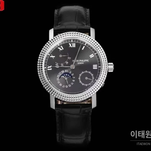 파텍필립 칼라트라바 화이트골드 블랙다이얼 문페이즈 오토매틱 38mm 블랙 가죽 스트랩 실버 베젤