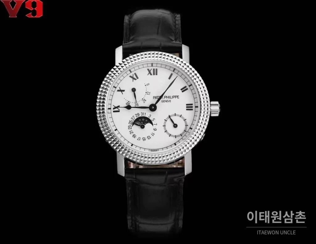 파텍필립 칼라트라바 화이트골드 블랙다이얼 문페이즈 오토매틱 38mm 블랙 가죽 스트랩 실버 베젤 (2)