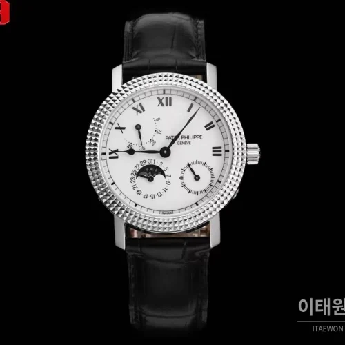 파텍필립 칼라트라바 화이트골드 블랙다이얼 문페이즈 오토매틱 38mm 블랙 가죽 스트랩 실버 베젤 (2)