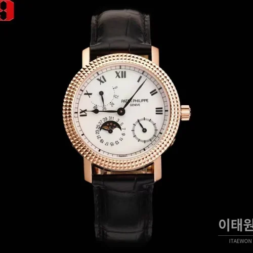파텍필립 칼라트라바 화이트골드 블랙다이얼 문페이즈 오토매틱 38mm 파텍필립 칼라트라바 화이트골드 블랙다이얼 문페이즈 오토매틱 38mm 블랙 가죽 스트랩 로즈골드 베젤