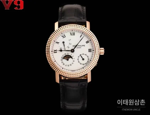 파텍필립 칼라트라바 화이트골드 블랙다이얼 문페이즈 오토매틱 38mm 파텍필립 칼라트라바 화이트골드 블랙다이얼 문페이즈 오토매틱 38mm 블랙 가죽 스트랩 로즈골드 베젤