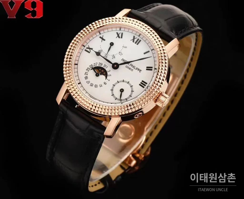 파텍필립 칼라트라바 화이트골드 블랙다이얼 문페이즈 오토매틱 38mm 블랙 가죽 스트랩 로즈골드 베젤