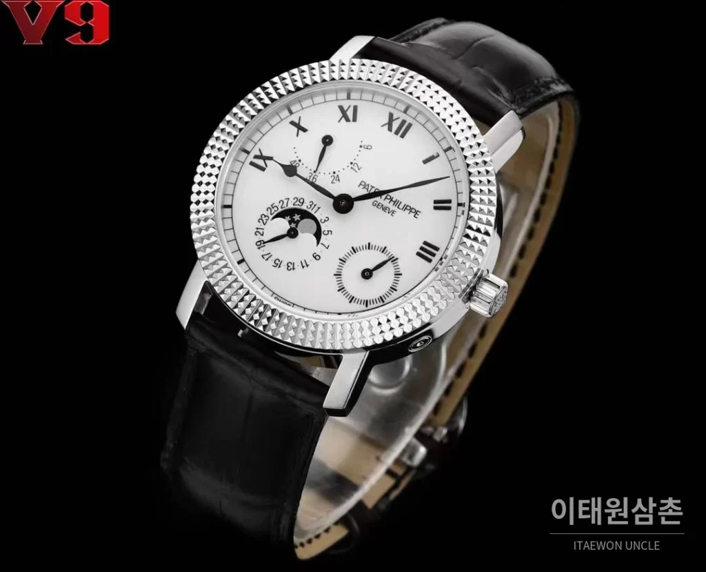 파텍필립 칼라트라바 화이트골드 블랙다이얼 문페이즈 오토매틱 38mm 블랙 가죽 스트랩 실버 베젤 (2)