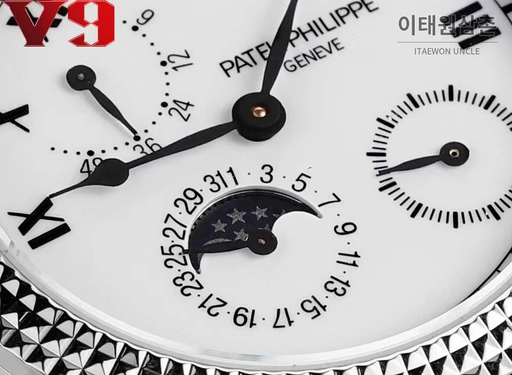 파텍필립 칼라트라바 화이트골드 블랙다이얼 문페이즈 오토매틱 38mm 블랙 가죽 스트랩 실버 베젤 (2)