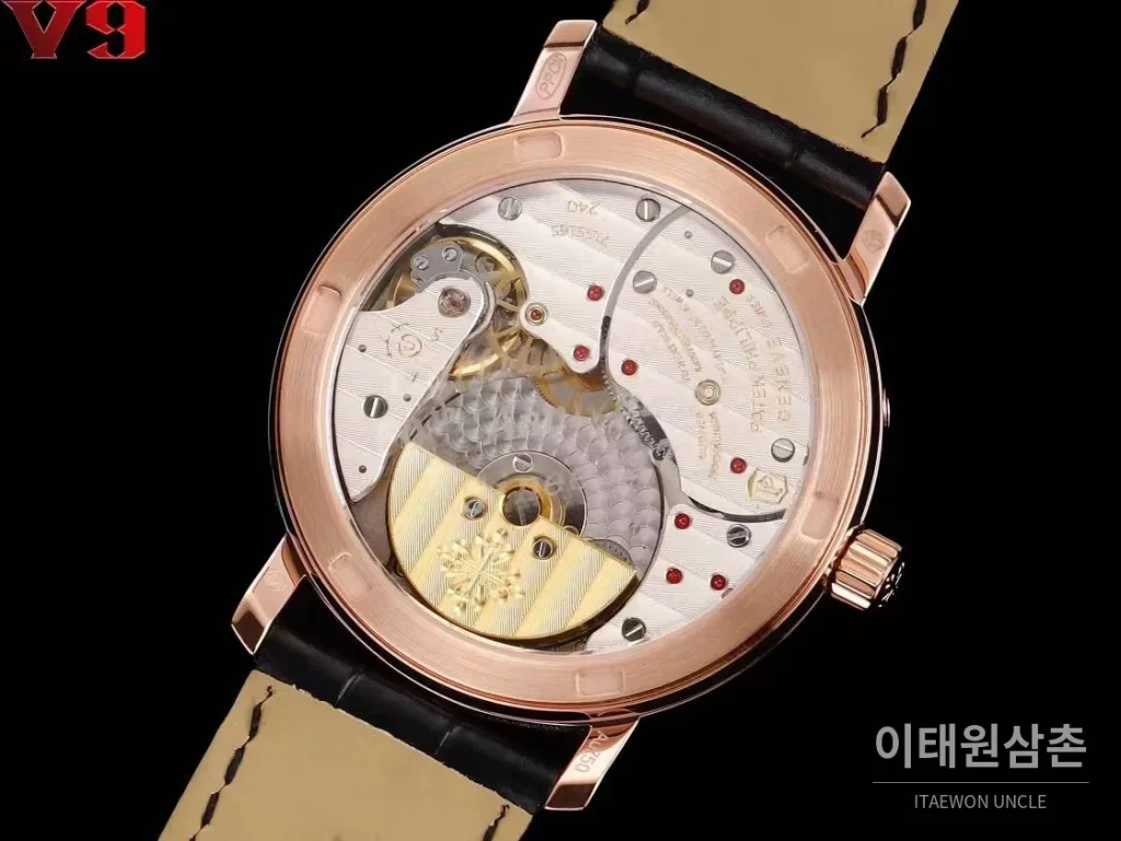 파텍필립 칼라트라바 화이트골드 블랙다이얼 문페이즈 오토매틱 38mm 블랙 가죽 스트랩 로즈골드 베젤