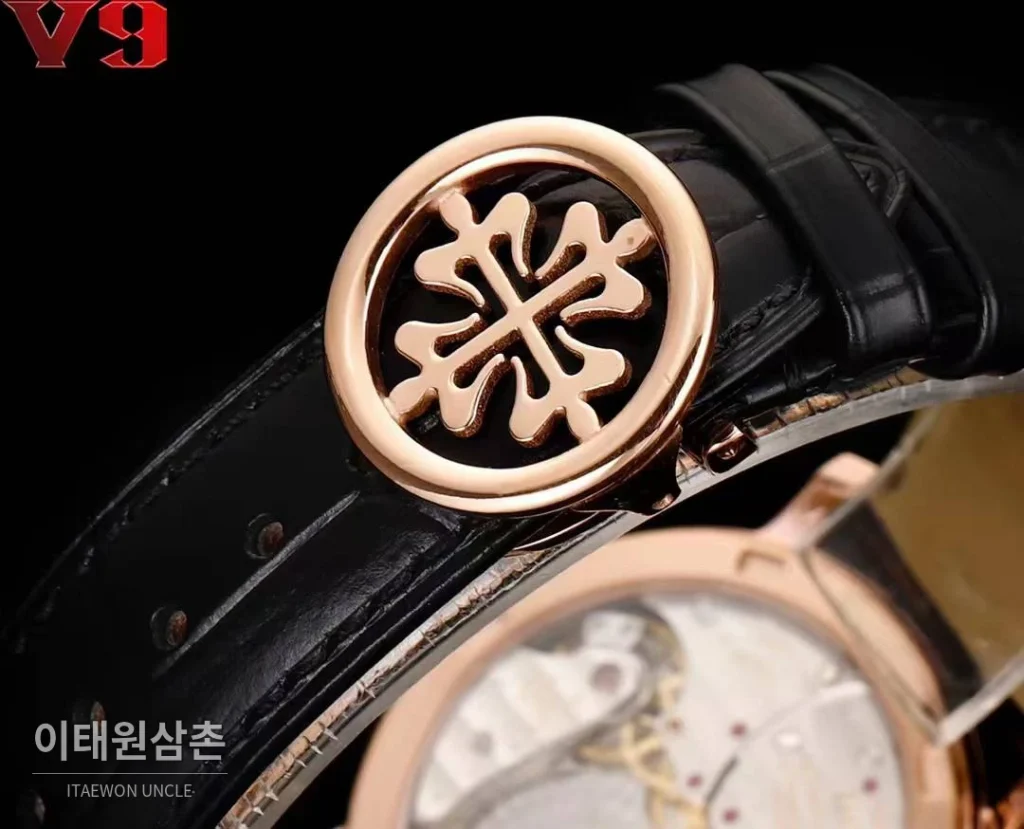 파텍필립 칼라트라바 화이트골드 블랙다이얼 문페이즈 오토매틱 38mm 블랙 가죽 스트랩 로즈골드 베젤