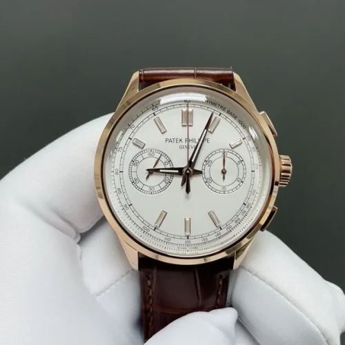 파텍필립 컴플리케이션 크로노그래프 크로노그래프 오토매틱 42mm 화이트 다이얼 브라운 가죽 스트랩