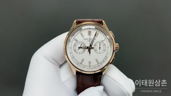 파텍필립 컴플리케이션 크로노그래프 크로노그래프 오토매틱 42mm 화이트 다이얼 브라운 가죽 스트랩