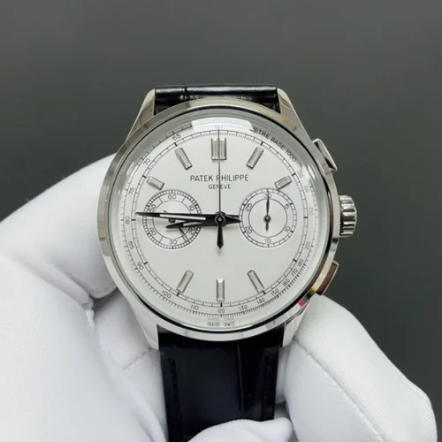 파텍필립 컴플리케이션 크로노그래프 크로노그래프 오토매틱 42mm 화이트 다이얼 블랙 가죽 스트랩