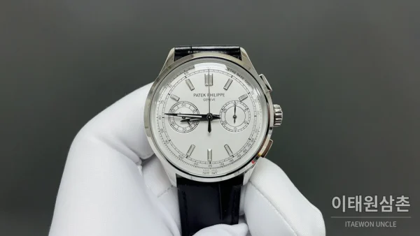 파텍필립 컴플리케이션 크로노그래프 크로노그래프 오토매틱 42mm 화이트 다이얼 블랙 가죽 스트랩