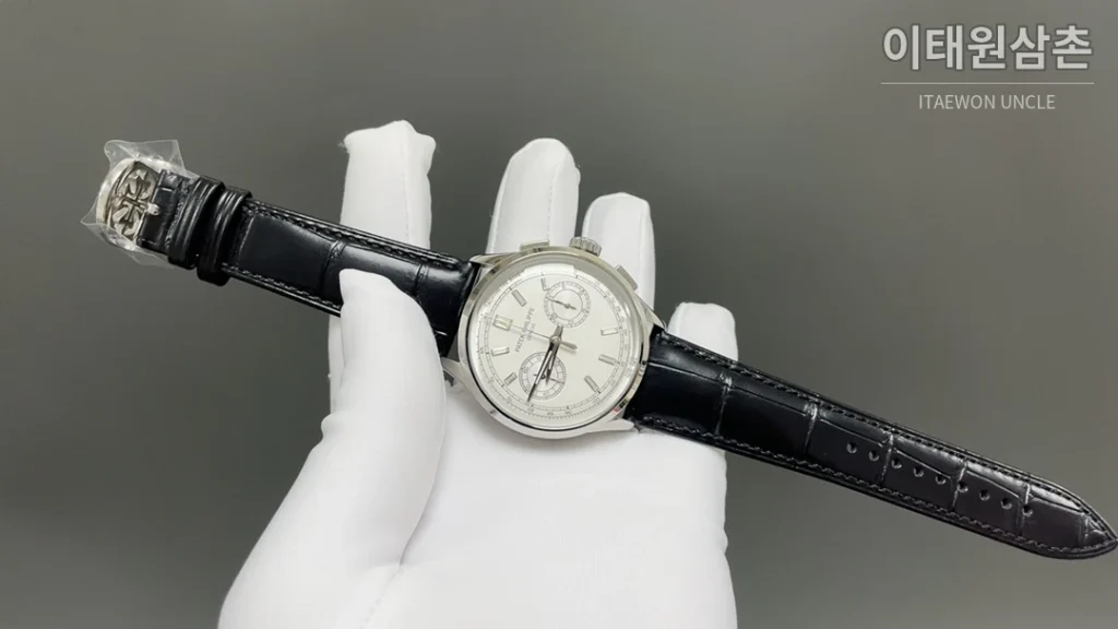 파텍필립 컴플리케이션 크로노그래프 크로노그래프 오토매틱 42mm 화이트 다이얼 블랙 가죽 스트랩