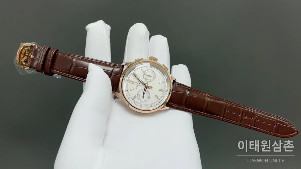 파텍필립 컴플리케이션 크로노그래프 크로노그래프 오토매틱 42mm 화이트 다이얼 브라운 가죽 스트랩