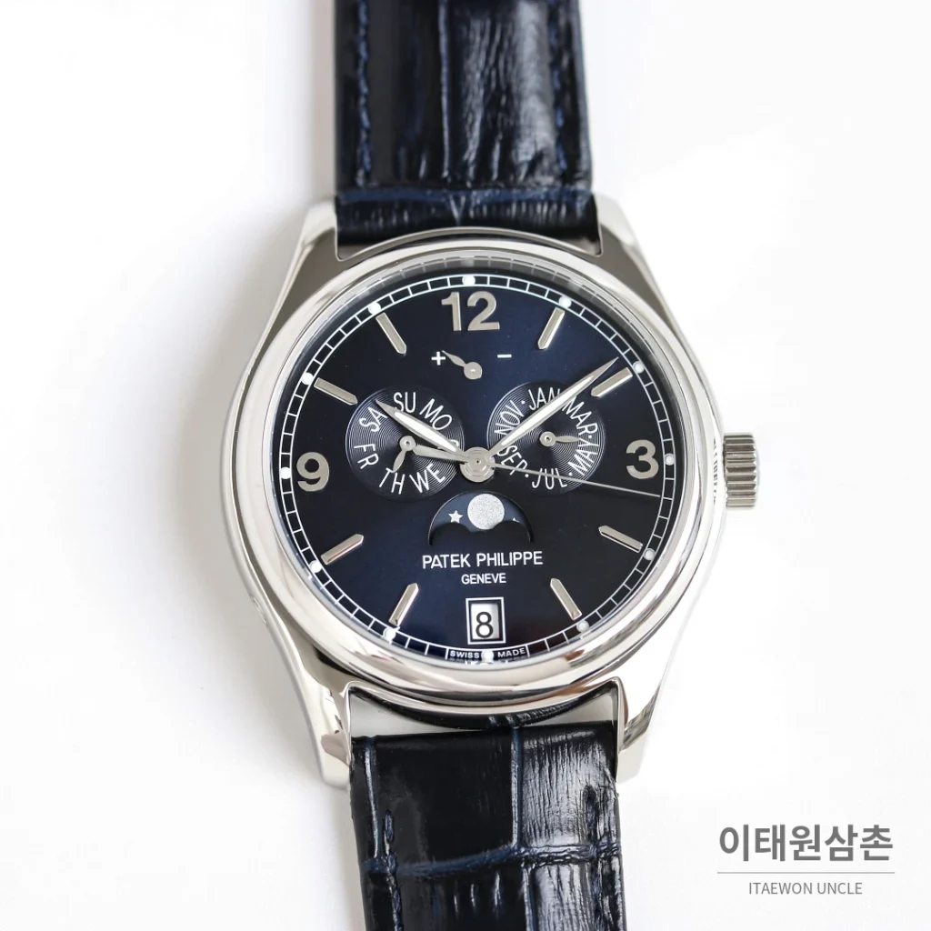 파텍필립 컴플리케이션 애뉴얼 캘린더 문페이즈 오토매틱 39mm 5146/5147 네이비 다이얼 네이비 가죽 스트랩