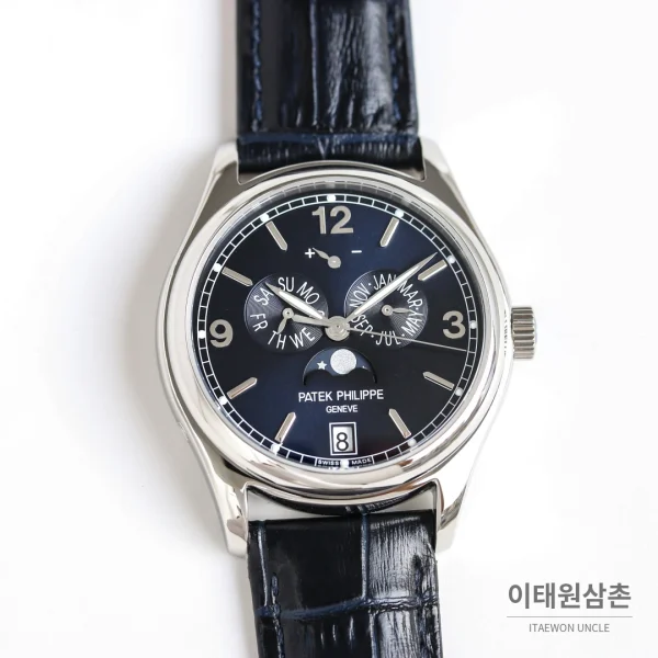 파텍필립 컴플리케이션 애뉴얼 캘린더 문페이즈 오토매틱 39mm 5146/5147 네이비 다이얼 네이비 가죽 스트랩