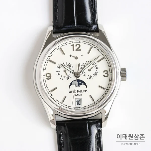 파텍필립 컴플리케이션 애뉴얼 캘린더 문페이즈 오토매틱 39mm 5146/5147 화이트 다이얼 블랙 가죽 스트랩