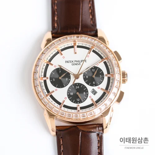 파텍필립 복잡기능 시계 오토매틱 42mm 화이트 다이얼 브라운 가죽 스트랩