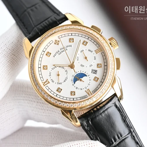 파텍필립 컴플리케이션 스틸 멀티캘린더 오토매틱 42mm 화이트 다이얼 블랙 가죽 스트랩 골드 베젤