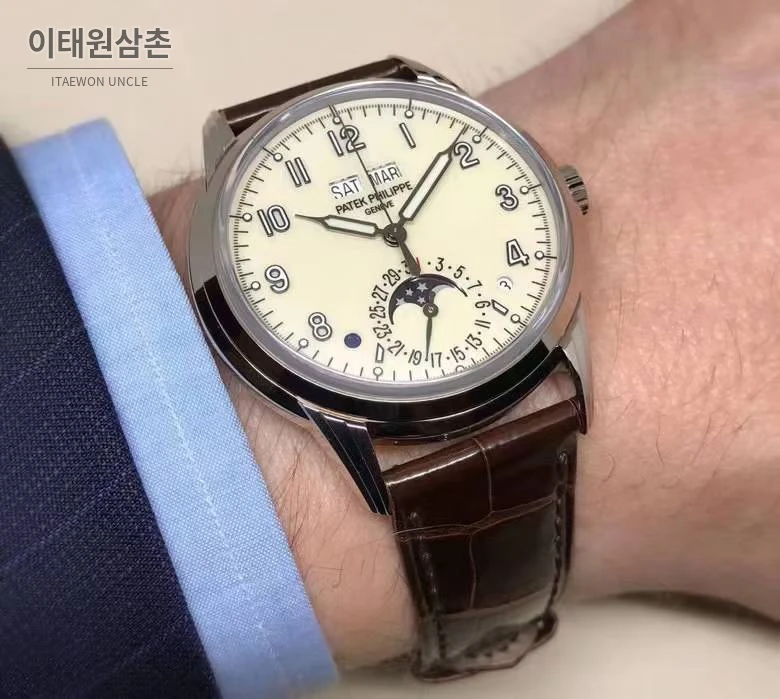 파텍필립 컴플리케이션 화이트골드 블랙다이얼 퍼페추얼캘린더 오토매틱 40mm 브라운 가죽 스트랩 (2)