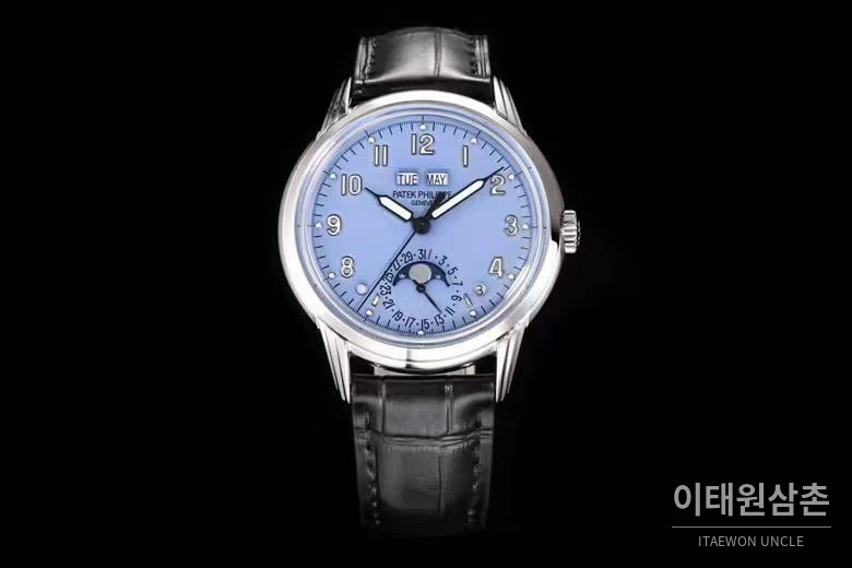 파텍필립 컴플리케이션 화이트골드 블랙다이얼 퍼페추얼캘린더 오토매틱 40mm 블랙 가죽 스트랩 (2)