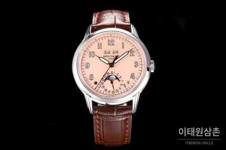 파텍필립 컴플리케이션 화이트골드 블랙다이얼 퍼페추얼캘린더 오토매틱 40mm 브라운 가죽 스트랩