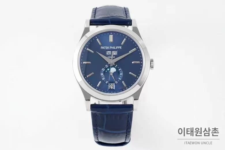 파텍필립 컴플리케이션 화이트골드 그레이다이얼 애뉴얼캘린더 오토매틱 38mm 네이비 가죽 스트랩