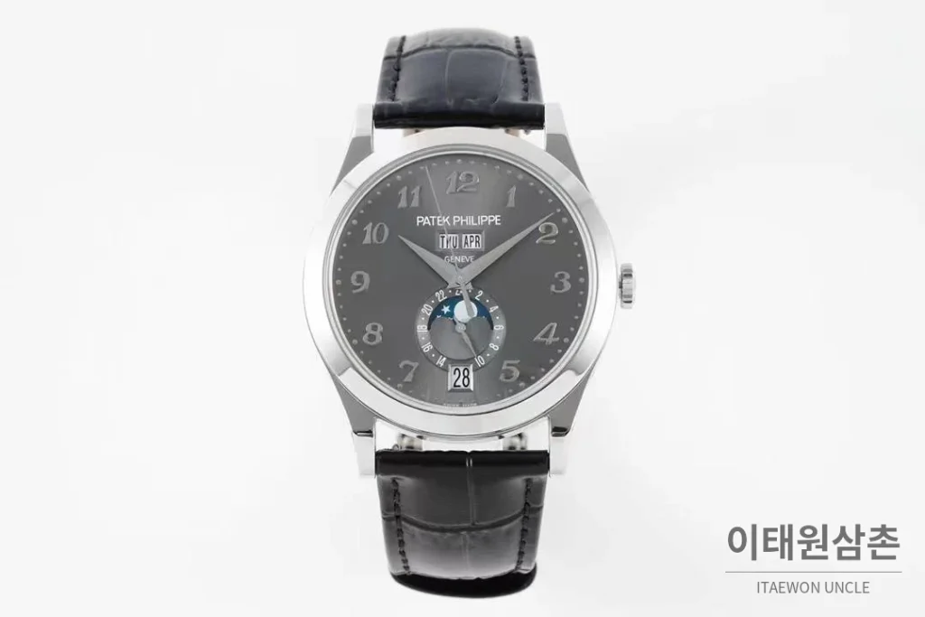 파텍필립 컴플리케이션 화이트골드 그레이다이얼 애뉴얼캘린더 오토매틱 38mm 블랙 가죽 스트랩 (2)