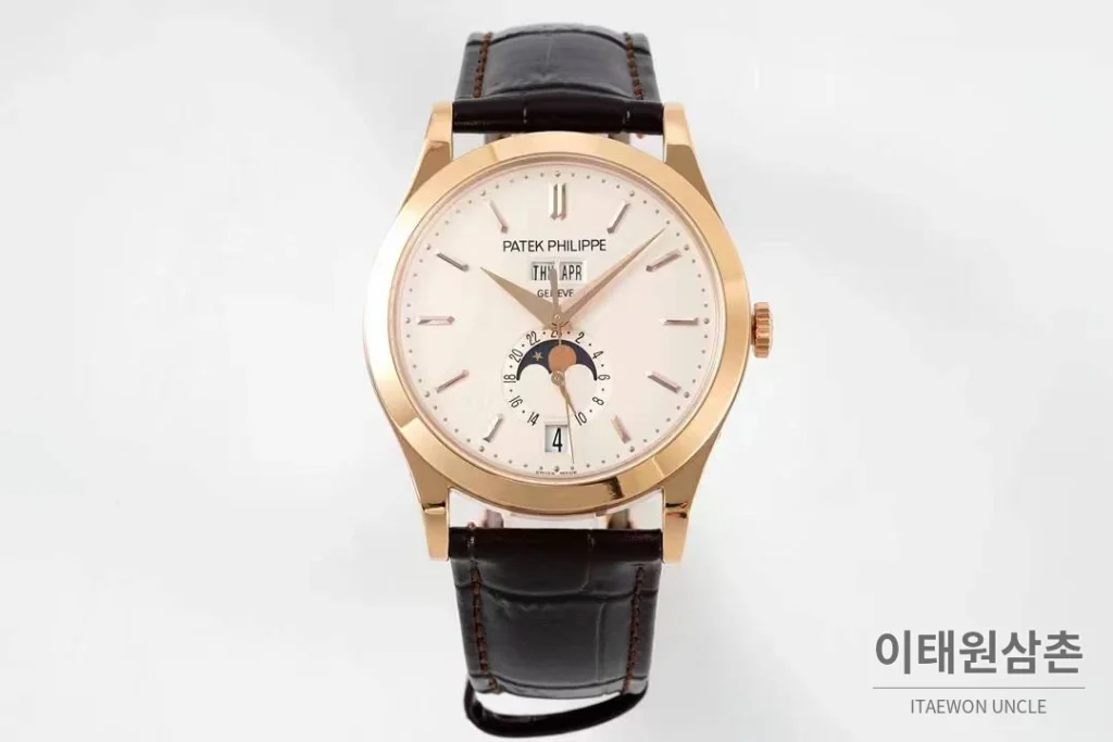 파텍필립 컴플리케이션 화이트골드 그레이다이얼 애뉴얼캘린더 오토매틱 38mm 브라운 가죽 스트랩