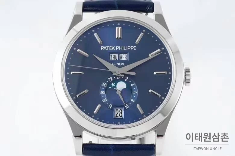 파텍필립 컴플리케이션 화이트골드 그레이다이얼 애뉴얼캘린더 오토매틱 38mm 네이비 가죽 스트랩