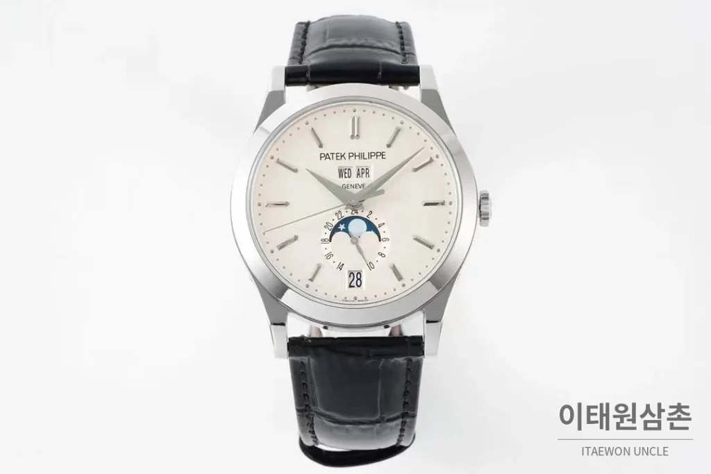 파텍필립 컴플리케이션 화이트골드 그레이다이얼 애뉴얼캘린더 오토매틱 38mm 블랙 가죽 스트랩