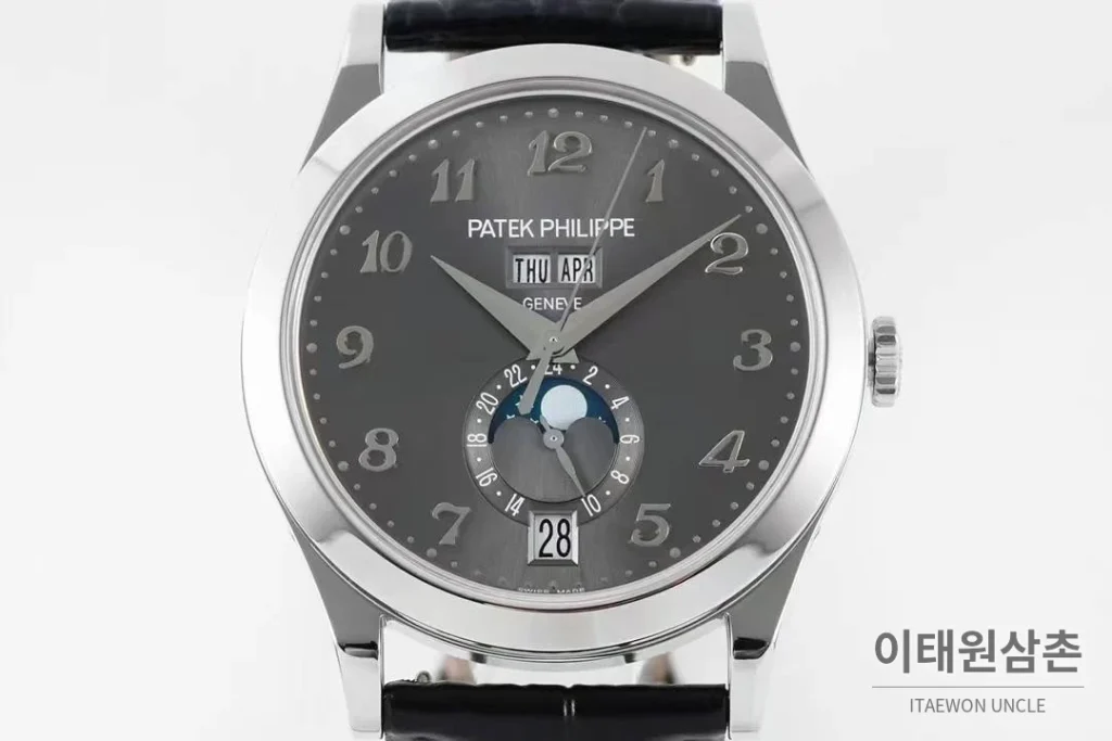 파텍필립 컴플리케이션 화이트골드 그레이다이얼 애뉴얼캘린더 오토매틱 38mm 블랙 가죽 스트랩 (2)