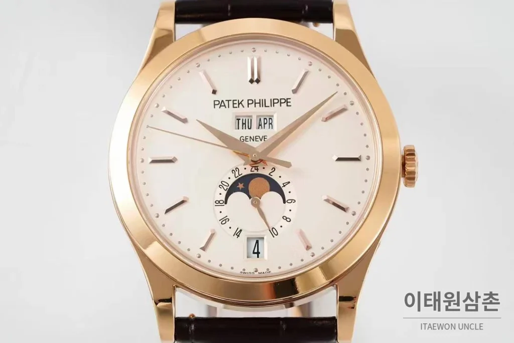 파텍필립 컴플리케이션 화이트골드 그레이다이얼 애뉴얼캘린더 오토매틱 38mm 브라운 가죽 스트랩