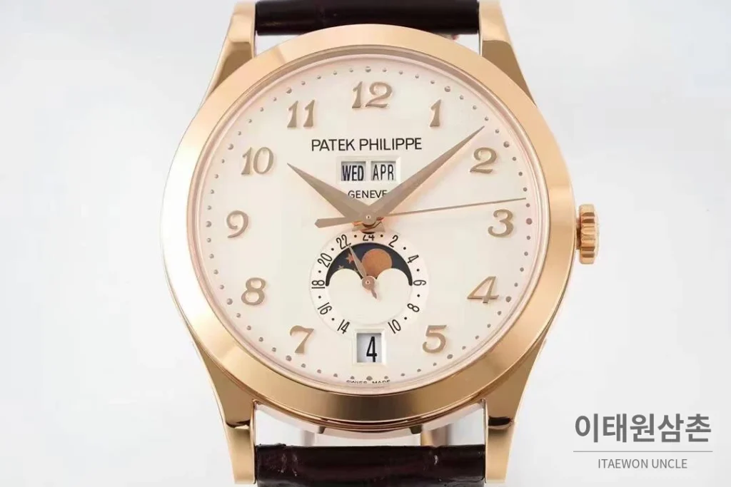 파텍필립 컴플리케이션 화이트골드 그레이다이얼 애뉴얼캘린더 오토매틱 38mm 브라운 가죽 스트랩 (2)