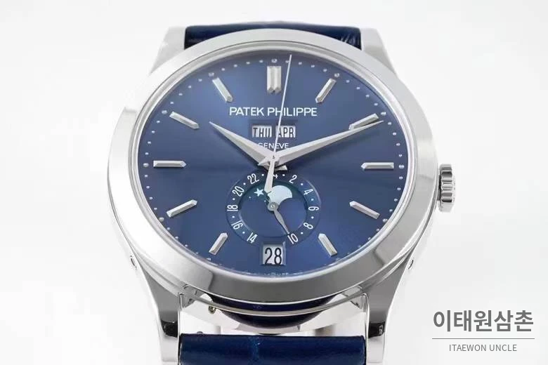 파텍필립 컴플리케이션 화이트골드 그레이다이얼 애뉴얼캘린더 오토매틱 38mm 네이비 가죽 스트랩