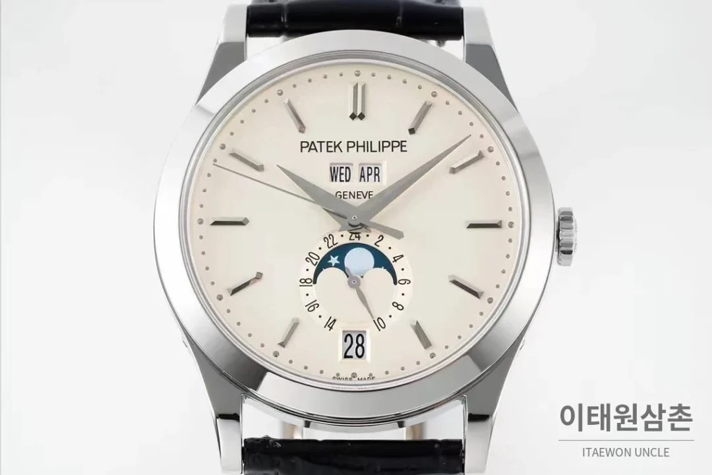 파텍필립 컴플리케이션 화이트골드 그레이다이얼 애뉴얼캘린더 오토매틱 38mm 블랙 가죽 스트랩