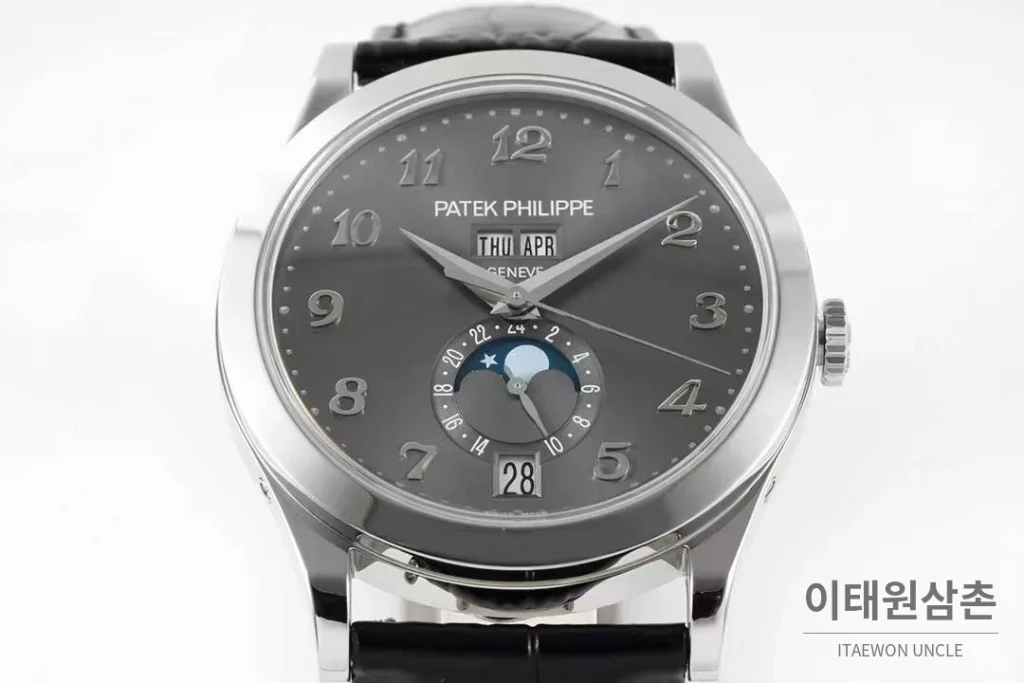 파텍필립 컴플리케이션 화이트골드 그레이다이얼 애뉴얼캘린더 오토매틱 38mm 블랙 가죽 스트랩 (2)