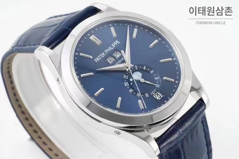 파텍필립 컴플리케이션 화이트골드 그레이다이얼 애뉴얼캘린더 오토매틱 38mm 네이비 가죽 스트랩