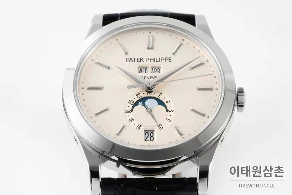 파텍필립 컴플리케이션 화이트골드 그레이다이얼 애뉴얼캘린더 오토매틱 38mm 블랙 가죽 스트랩