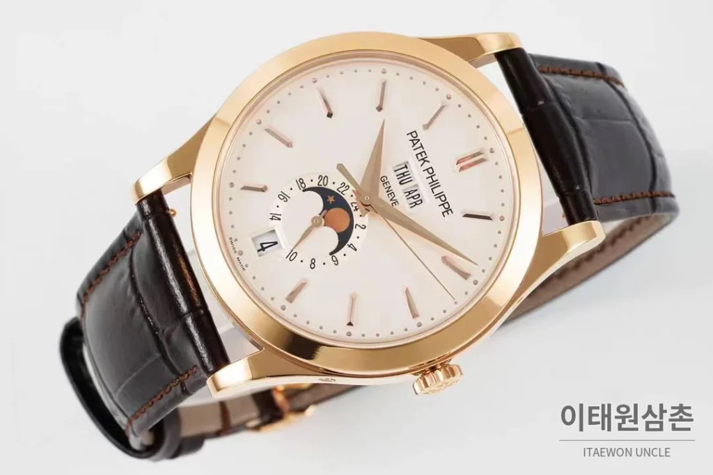 파텍필립 컴플리케이션 화이트골드 그레이다이얼 애뉴얼캘린더 오토매틱 38mm 브라운 가죽 스트랩