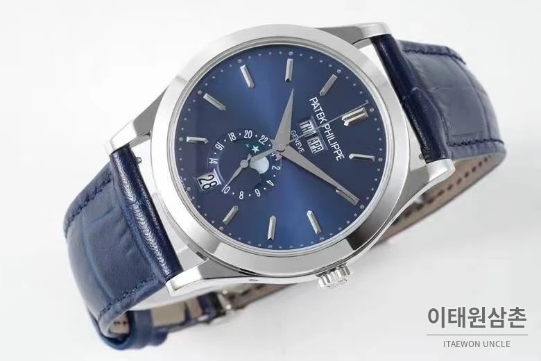 파텍필립 컴플리케이션 화이트골드 그레이다이얼 애뉴얼캘린더 오토매틱 38mm 네이비 가죽 스트랩