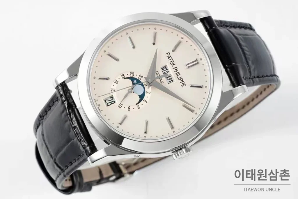 파텍필립 컴플리케이션 화이트골드 그레이다이얼 애뉴얼캘린더 오토매틱 38mm 블랙 가죽 스트랩