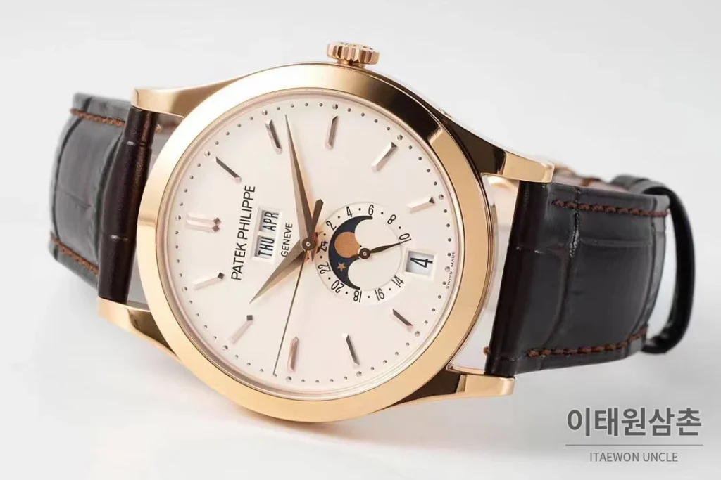 파텍필립 컴플리케이션 화이트골드 그레이다이얼 애뉴얼캘린더 오토매틱 38mm 브라운 가죽 스트랩