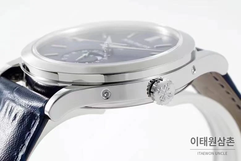 파텍필립 컴플리케이션 화이트골드 그레이다이얼 애뉴얼캘린더 오토매틱 38mm 네이비 가죽 스트랩