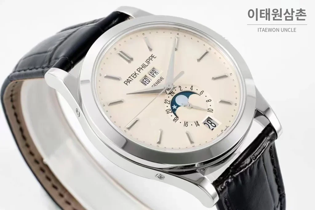 파텍필립 컴플리케이션 화이트골드 그레이다이얼 애뉴얼캘린더 오토매틱 38mm 블랙 가죽 스트랩