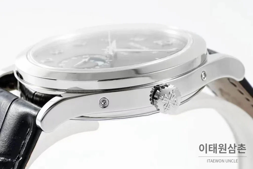 파텍필립 컴플리케이션 화이트골드 그레이다이얼 애뉴얼캘린더 오토매틱 38mm 블랙 가죽 스트랩 (2)