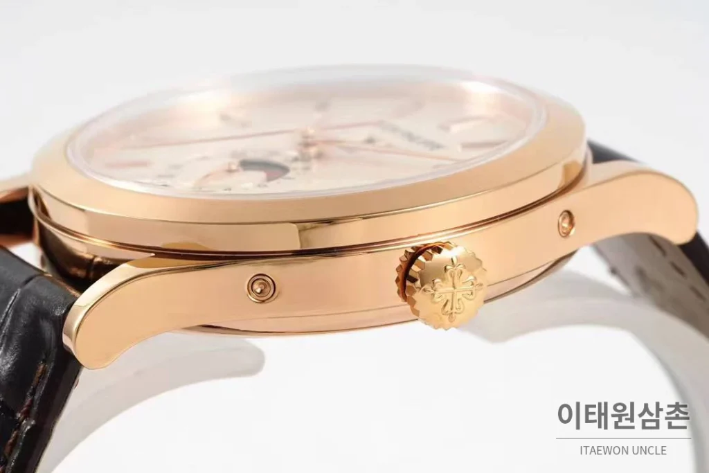 파텍필립 컴플리케이션 화이트골드 그레이다이얼 애뉴얼캘린더 오토매틱 38mm 브라운 가죽 스트랩