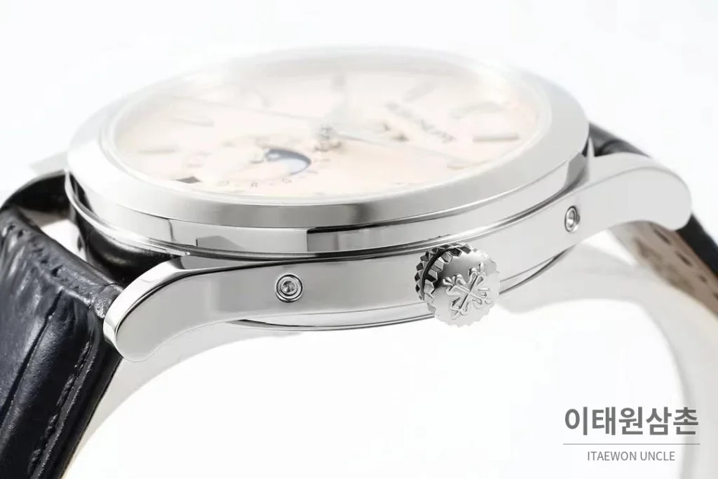 파텍필립 컴플리케이션 화이트골드 그레이다이얼 애뉴얼캘린더 오토매틱 38mm 블랙 가죽 스트랩