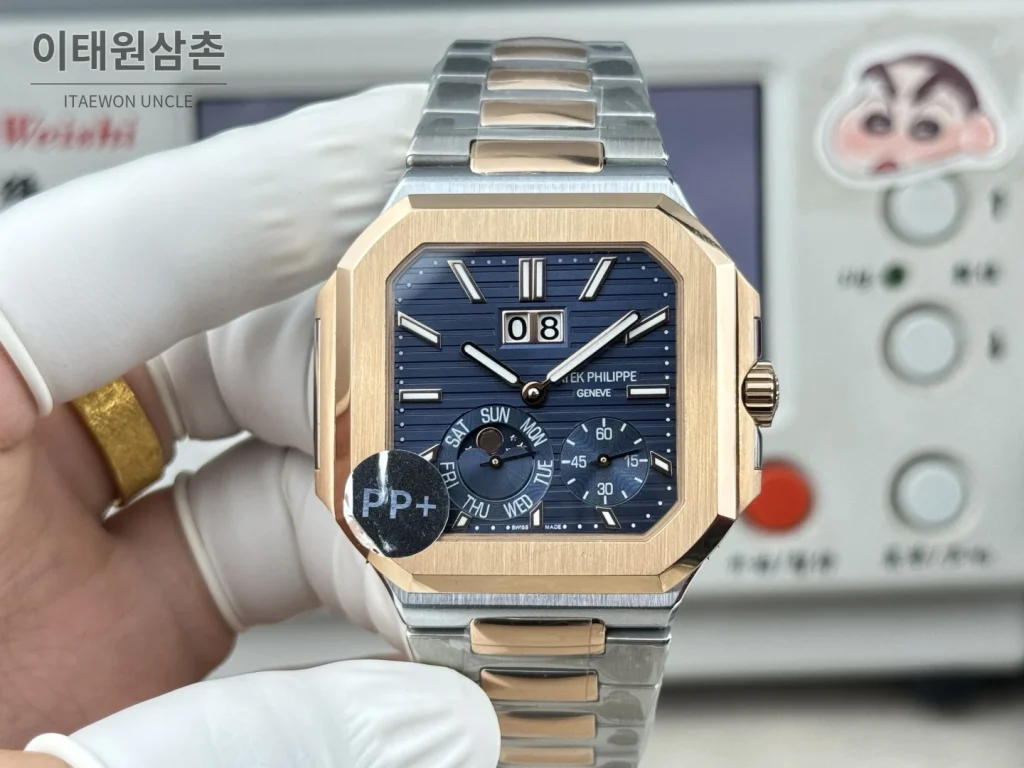 파텍필립 큐비터스 플래티넘 컴플리케이션 오토매틱 45mm 블루 투톤 브레이슬릿 로즈골드 베젤 (2)