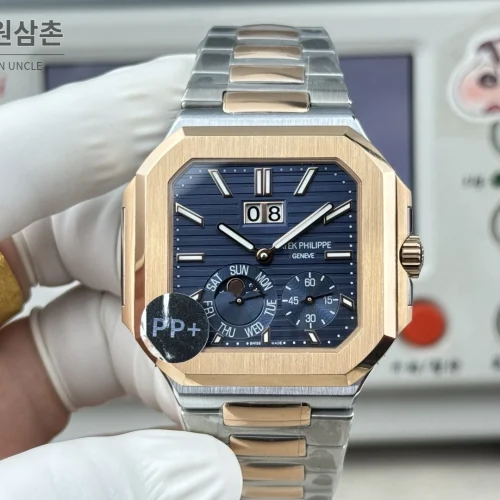 파텍필립 큐비터스 플래티넘 컴플리케이션 오토매틱 45mm 블루 투톤 브레이슬릿 로즈골드 베젤 (2)