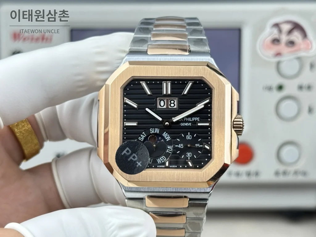파텍필립 큐비터스 플래티넘 컴플리케이션 오토매틱 45mm 블루 투톤 브레이슬릿 로즈골드 베젤 (3)