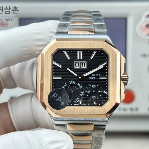 파텍필립 큐비터스 플래티넘 컴플리케이션 오토매틱 45mm 블루 투톤 브레이슬릿 로즈골드 베젤 (3)